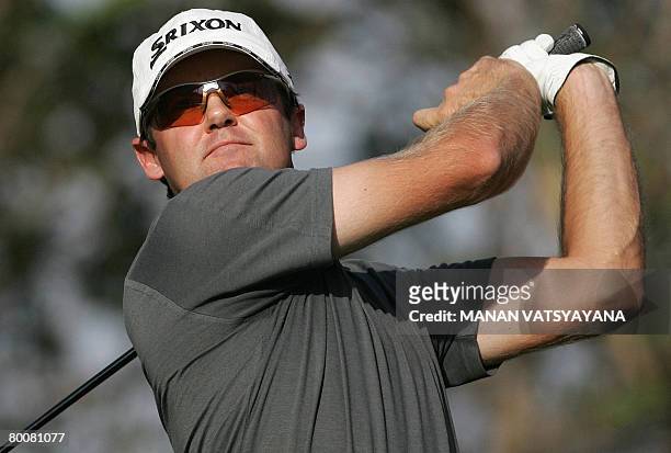 New Zealand golfer Mark Brown tees off during the final round of the Johnnie Walker Classic 2008 in Gurgaon on the outskirts of New Delhi on March 2,...