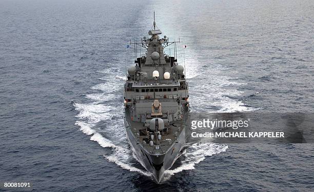 The German frigate "Bayern" makes its way from the port in the Lebanese capital, Beirut on February 29, 2008 after a handing over ceremony of command...
