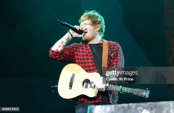 Ed Sheeran as he performs on the Pyramid stage on day 4 of the Glastonbury Festival 2017 at Worthy Farm, Pilton on June 25, 2017 in Glastonbury,...