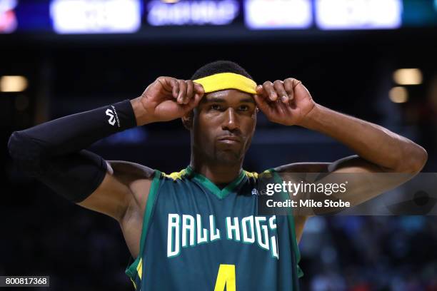 Derrick Byars of the Ball Hogs looks on during week one of the BIG3 three on three basketball league at Barclays Center on June 25, 2017 in New York...