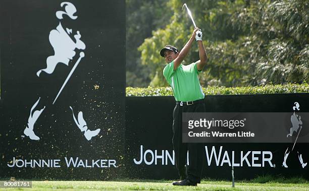 Shiv Kapur of India tees off on the eighth hole during the final round of the 2008 Johnnie Walker Classic held at The DLF Golf and Country Club on...