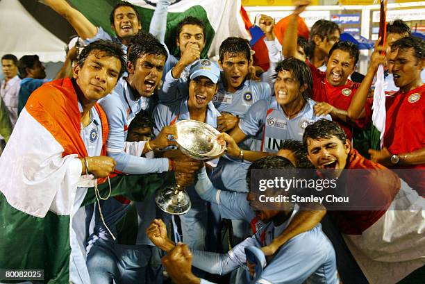 India celebrates after winning the World Cup during the ICC U/19 Cricket World Cup Final match between India and South Africa held at the Kinrara...