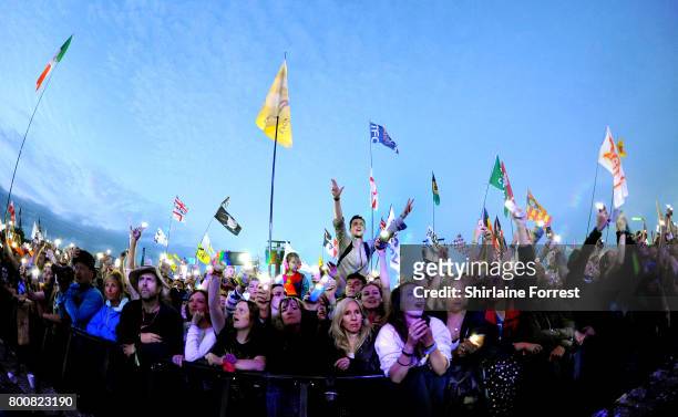Ed Sheeran performs headlining the Pyramid stage on day 4 of the Glastonbury Festival 2017 at Worthy Farm, Pilton on June 25, 2017 in Glastonbury,...