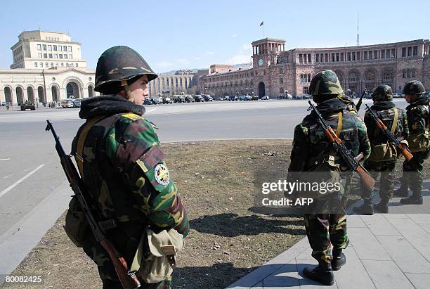 Armenian troops guard the streets of the capital Yerevan on March 2, 2008. Authorities imposed a state of emergency late on March 1 following clashes...