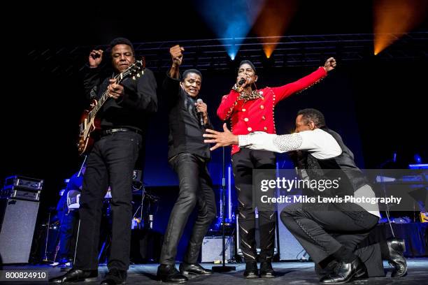 Tito Jackson, Jackie Jackson, Jermaine Jackson and Marlon Jackson of The Jacksons performs at Motorpoint Arena on June 25, 2017 in Cardiff, Wales.