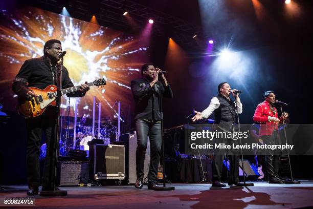 Tito Jackson, Jackie Jackson, Marlon Jackson and Jermaine Jackson of The Jacksons performs at Motorpoint Arena on June 25, 2017 in Cardiff, Wales.