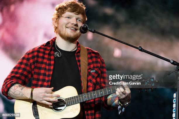 Ed Sheeran headlines on the Pyramid Stage during day 4 of the Glastonbury Festival 2017 at Worthy Farm, Pilton on June 25, 2017 in Glastonbury,...