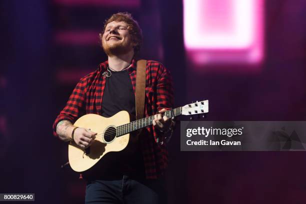 Ed Sheeran headlines on the Pyramid Stage during day 4 of the Glastonbury Festival 2017 at Worthy Farm, Pilton on June 25, 2017 in Glastonbury,...