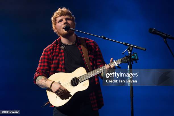 Ed Sheeran headlines on the Pyramid Stage during day 4 of the Glastonbury Festival 2017 at Worthy Farm, Pilton on June 25, 2017 in Glastonbury,...