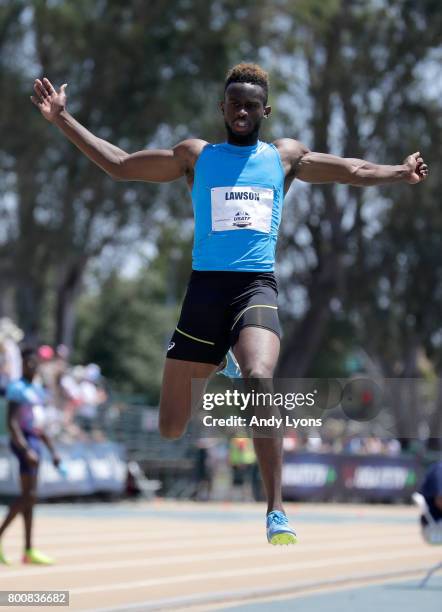 Jarrion Lawson leaps to victory in the Men's Long Jump during Day 4 of the 2017 USA Track & Field Championships at Hornet Satdium on June 25, 2017 in...