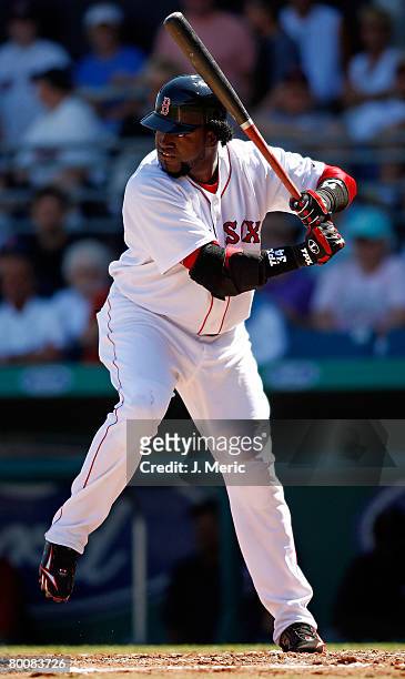 Designated hitter David Ortiz of the Boston Red Sox prepares for a pitch from the Minnesota Twins during the game on March 2, 2008 at City of Palms...