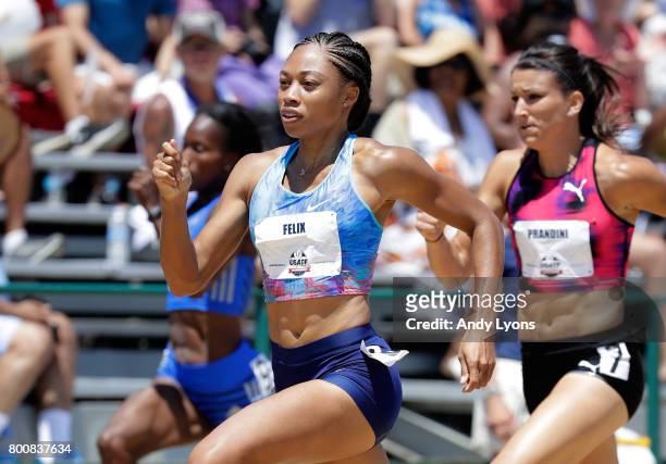Allyson Felix runs in the Women's 200 Meter Semi- Final during Day 4 of the 2017 USA Track & Field Championships at Hornet Satdium on June 25, 2017...