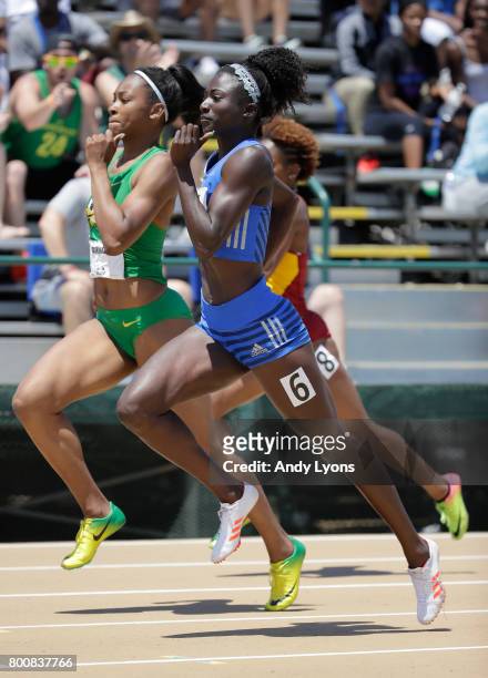 Tori Bowie runs in the Women's 200 Meter Semi- Final during Day 4 of the 2017 USA Track & Field Championships at Hornet Satdium on June 25, 2017 in...