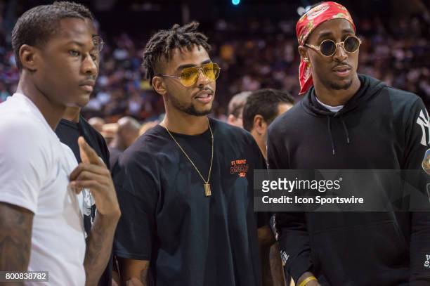 Newly acquired Nets guard DeAngelo Russell poses for a photo during a BIG3 Basketball League game on June 25, 2017 at Barclays Center in Brooklyn, NY