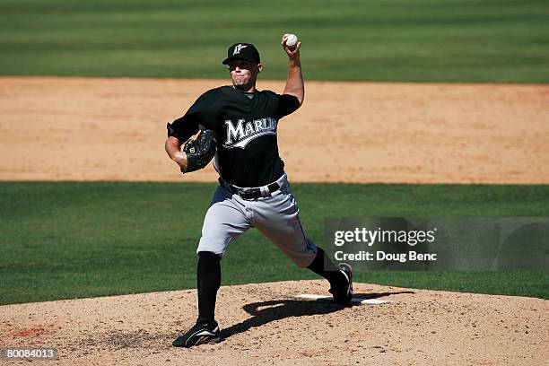 Pitcher Taylor Tankersley of the Florida Marlins pitches against the St. Louis Cardinals during a Spring Training game at Roger Dean Stadium on March...