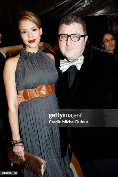 Jessica Alba and Alber Elbaz attend the Lanvin Fashion show during Paris Fashion Week Fall-Winter 2008-2009 on March 2, 2008 in Paris, France.