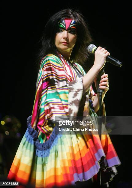 Icelandic singer Bjork performs during her concert at the Shanghai International Gymnastic Center as part of the Volta Tour on March 2, 2008 in...