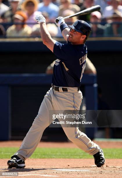 Jim Edmonds w#15 of the San Diego Padres bats against the Seattle Mariners on March 2, 2008 at Peoria Sports Complex in Peoria, Arizona. The Mariners...
