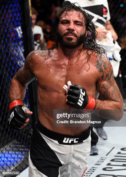 Clay Guida reacts after the conclusion of his lightweight bout against Erik Koch during the UFC Fight Night event at the Chesapeake Energy Arena on...