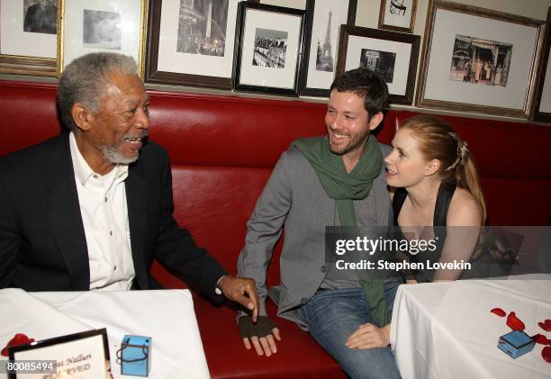 Actor Morgan Freeman, Darren LeGallo, and actress Amy Adams attend the after-party for "Miss Pettigrew Lives For A Day" at Paris Commune on March 02,...
