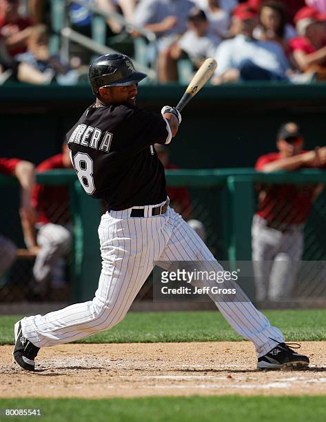 Shortstop Orlando Cabrera of the Chicago White Sox swings at a pitch during a spring training game against the Arizona Diamondbacks at Tucson...