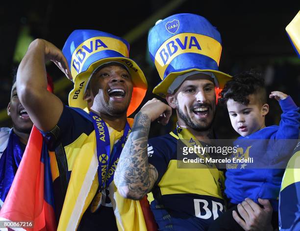 Dario Benedetto and Frank Fabra of Boca Juniors celebrate after a match between Boca Juniors and Union as part of Torneo Primera Division 2016/17 at...