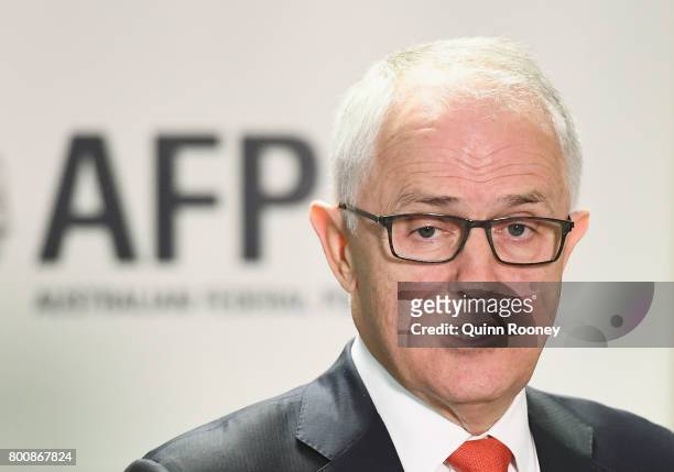 Prime Minister Malcolm Turnbull speaks to the media at AFP Headquarters on June 26, 2017 in Melbourne, Australia. Prime Minister Malcolm Turnbull...
