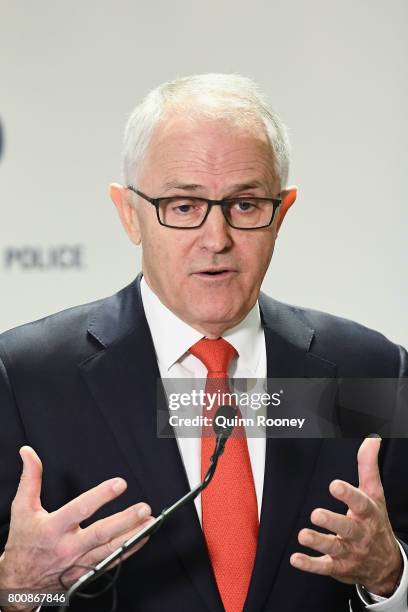 Prime Minister Malcolm Turnbull speaks to the media at AFP Headquarters on June 26, 2017 in Melbourne, Australia. Prime Minister Malcolm Turnbull...