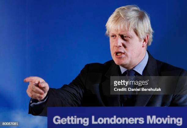 Conservative candidate for Mayor of London, Boris Johnson, speaks to media during the launch of his transport manifesto on March 3, 2008 in London,...