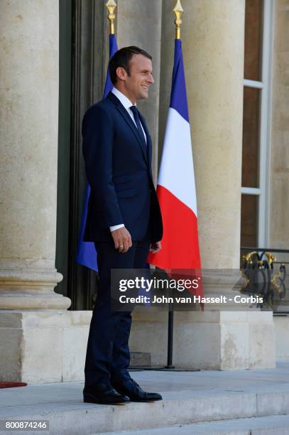 President Emmanuel Macron of France receives the former actor and governor of California Arnold Schwarzenegger on June 23, 2017 in Paris, France at...