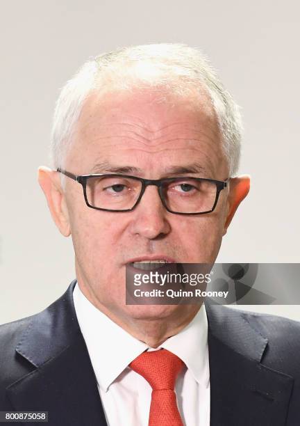 Prime Minister Malcolm Turnbull speaks to the media at AFP Headquarters on June 26, 2017 in Melbourne, Australia. Prime Minister Malcolm Turnbull...
