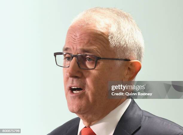 Prime Minister Malcolm Turnbull speaks to the media at AFP Headquarters on June 26, 2017 in Melbourne, Australia. Prime Minister Malcolm Turnbull...