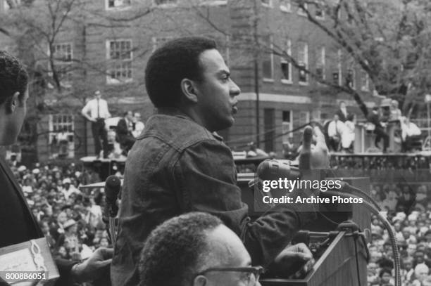 Civil rights activist Andrew Young addressing the crowd at the funeral of assassinated American civil rights leader Martin Luther King Jr , Atlanta,...