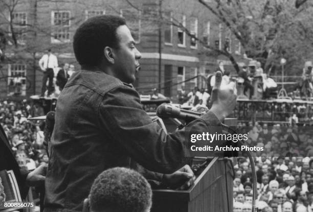 Civil rights activist Andrew Young addressing the crowd at the funeral of assassinated American civil rights leader Martin Luther King Jr , Atlanta,...