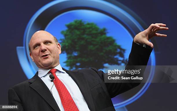 Microsoft CEO Steve Ballmer speaks at a press conference at the CeBIT technology fair a day before the fair's official opening on March 3, 2008 in...