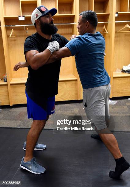 Johny Hendricks warms up prior to his bout against Tim Boetsch during the UFC Fight Night event at the Chesapeake Energy Arena on June 25, 2017 in...