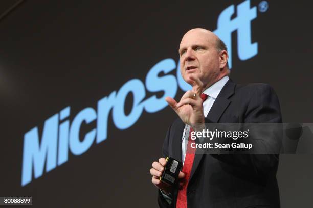 Microsoft CEO Steve Ballmer speaks at a press conference at the CeBIT technology fair a day before the fair's official opening on March 3, 2008 in...