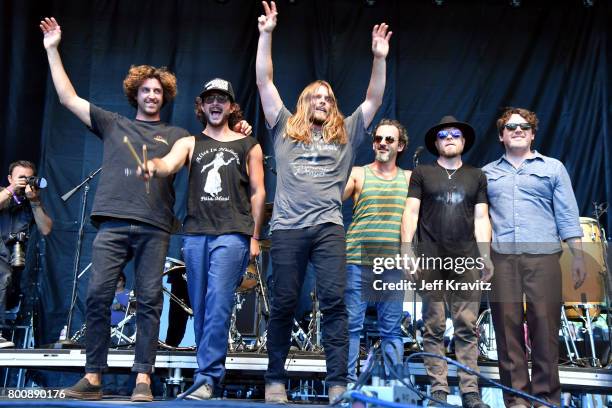 Musicians Anthony LoGerfo, Lukas Nelson, Tato Melgar and Corey McCormick of musical group Lukas Nelson & Promise of the Real performs on the Sycamore...
