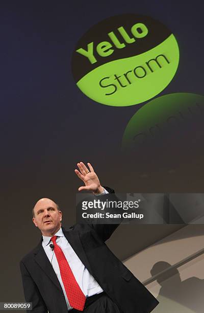 Microsoft CEO Steve Ballmer speaks at a press conference during which he announced a joint venture with German electricity provider Yello Strom at...