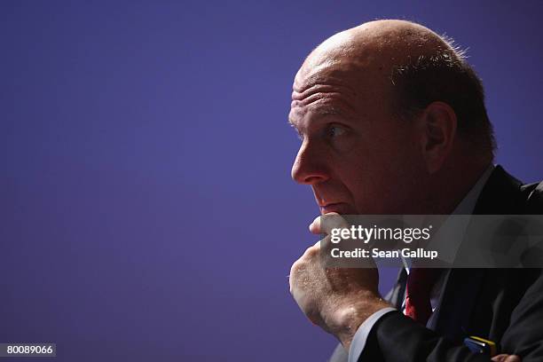 Microsoft CEO Steve Ballmer speaks at a press conference at the CeBIT technology fair a day before the fair's official opening on March 3, 2008 in...