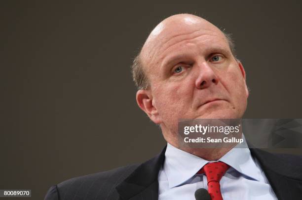 Microsoft CEO Steve Ballmer speaks at a press conference at the CeBIT technology fair a day before the fair's official opening on March 3, 2008 in...