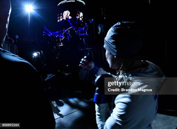 Justine Kish prepares to enter the Octagon prior to her women's strawweight bout against Felice Herrig during the UFC Fight Night event at the...