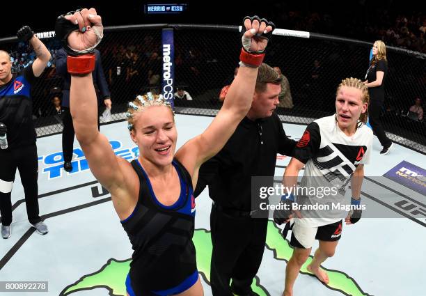 Felice Herrig celebrates after her unanimous-decision victory over Justine Kish in their women's strawweight bout during the UFC Fight Night event at...