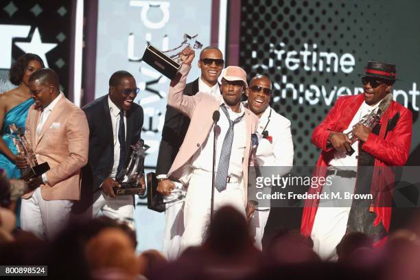 Ricky Bell, Bobby Brown, Johnny Gill, Ronnie DeVoe, Michael Bivins and Ralph Tresvant of New Edition accept the Lifetime Achievement Award onstage at...