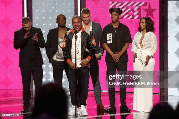 Chet Hanks, Woody McClain, Irv Gotti, Matthew Noszka, Keith Powers and Tammy Rivera speak onstage at 2017 BET Awards at Microsoft Theater on June 25,...