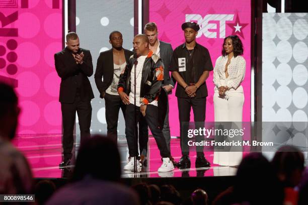 Chet Hanks, Woody McClain, Irv Gotti, Matthew Noszka, Keith Powers and Tammy Rivera speak onstage at 2017 BET Awards at Microsoft Theater on June 25,...