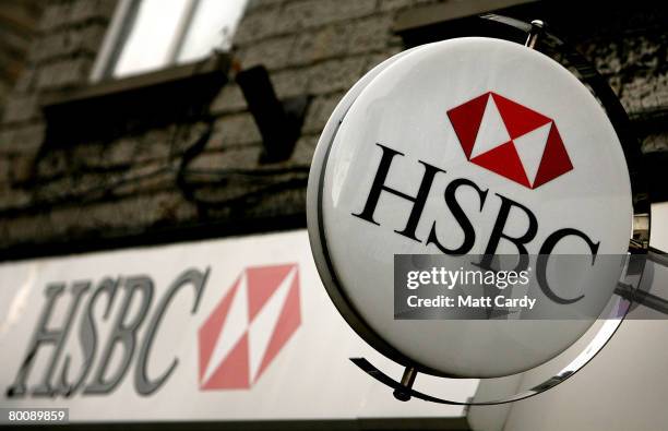 The HSBC logo is displayed outside a branch of HSBC on March 3 2008 in Street, United Kingdom. HSBC, the UK's largest bank, has said it has made a...