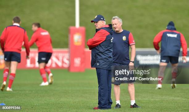 British and Irish Lions' coach Warren Gatland watches his team practise during their Captains Run ahead of their rugby game against the Wellington...