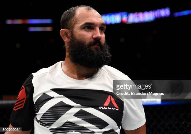 Johny Hendricks reacts after his TKO loss to Tim Boetsch in their middleweight bout during the UFC Fight Night event at the Chesapeake Energy Arena...
