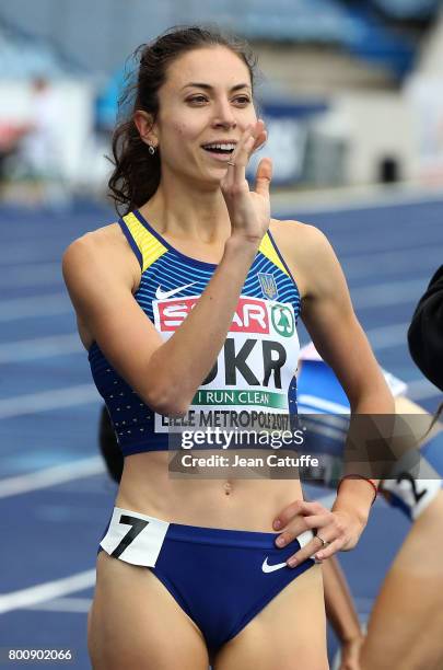 Olha Lyakhova of Ukraine celebrates winning the 800m during day 2 of the 2017 European Athletics Team Championships at Stadium Lille Metropole on...